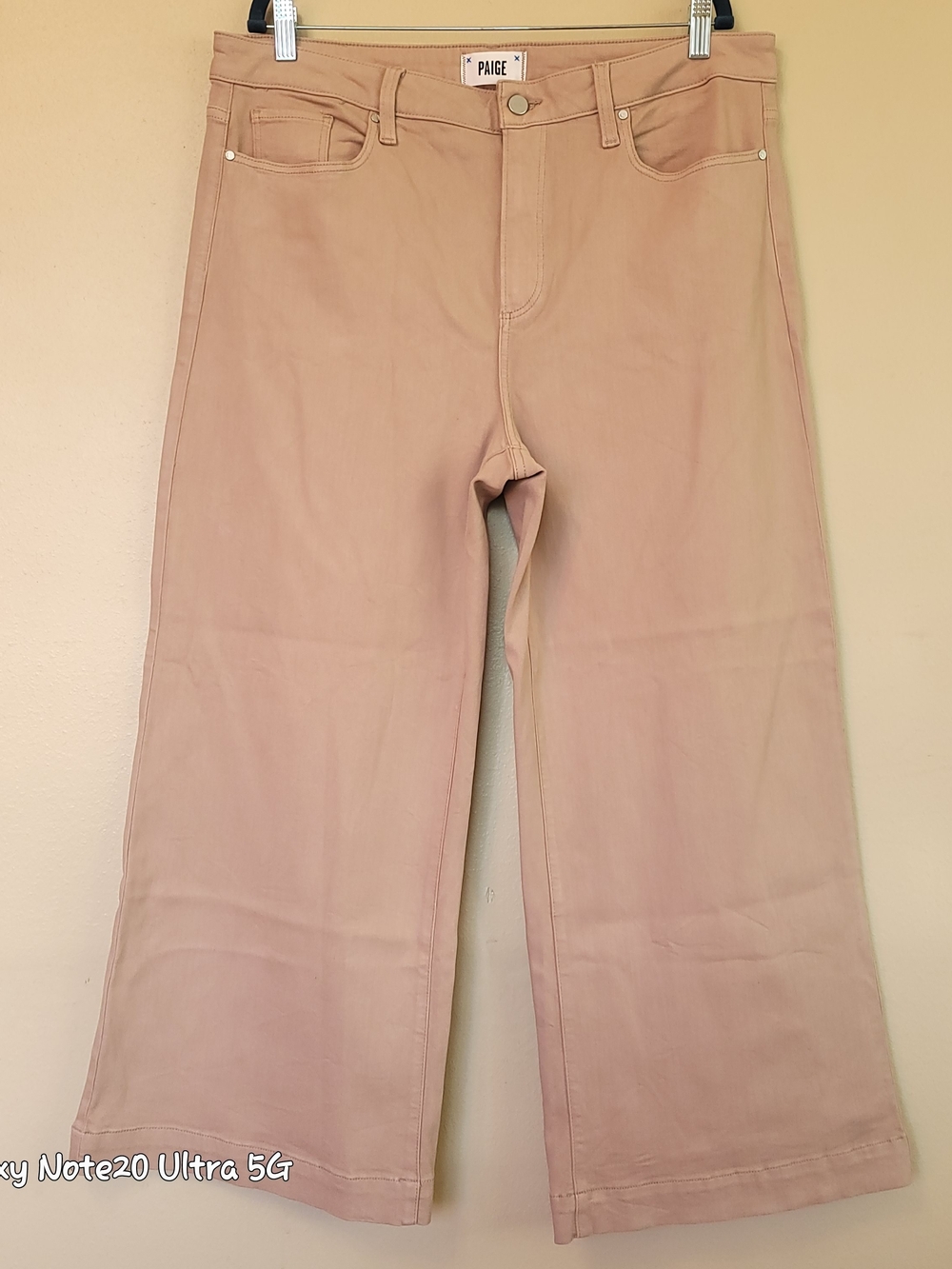 PAIGE Anessa French Latte Luxe Coated Wide Leg Jeans High Rise Sz 34